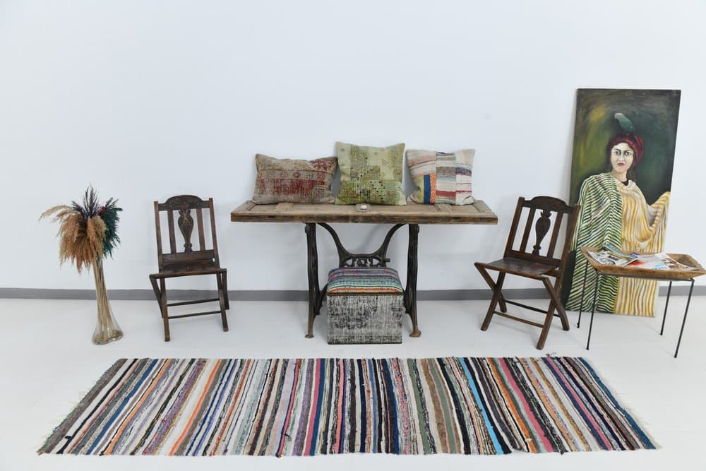 Kilim 275x79 cm, fioletowy, zielony, wełna, lata 70. - 219856