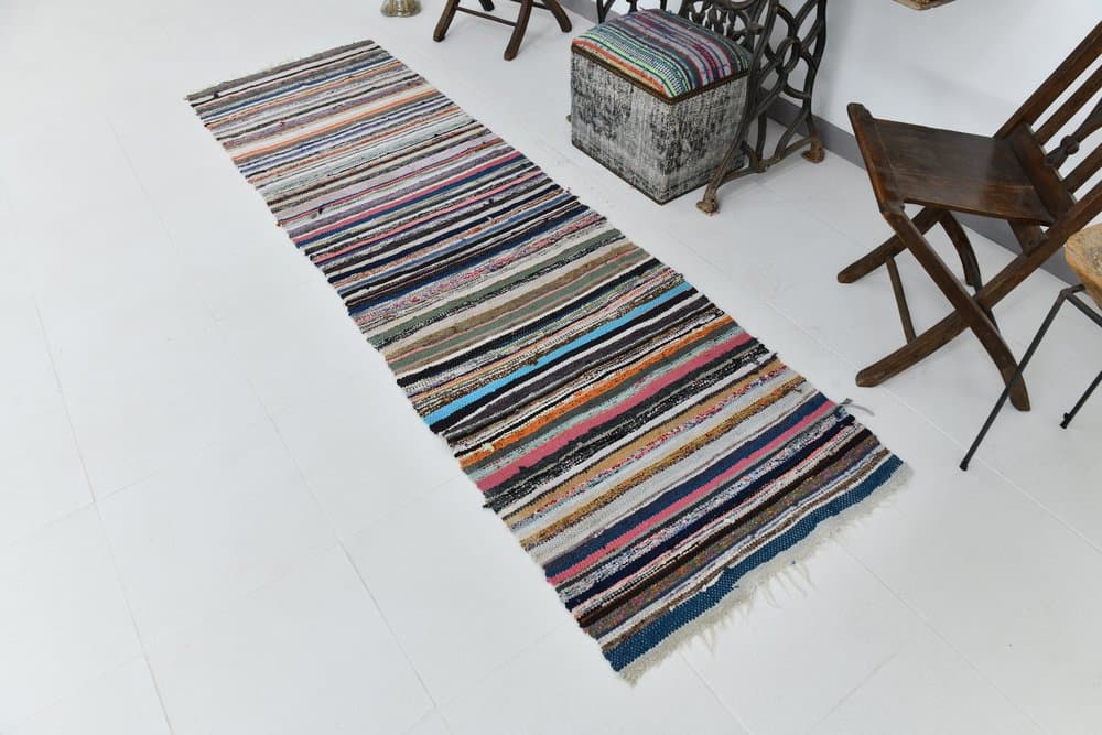 Kilim 275x79 cm, fioletowy, zielony, wełna, lata 70. - 219854