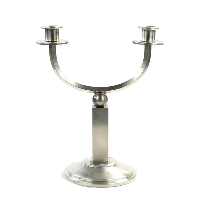 Świecznik dwuramienny Art déco, srebrny, mosiądz, Czechosłowacja, lata 20.