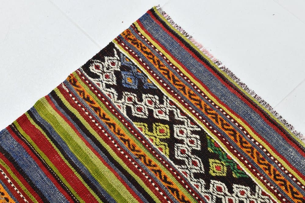 Kilim 200x163 cm, oliwkowy, czerwony, wełna, lata 70. - 219826