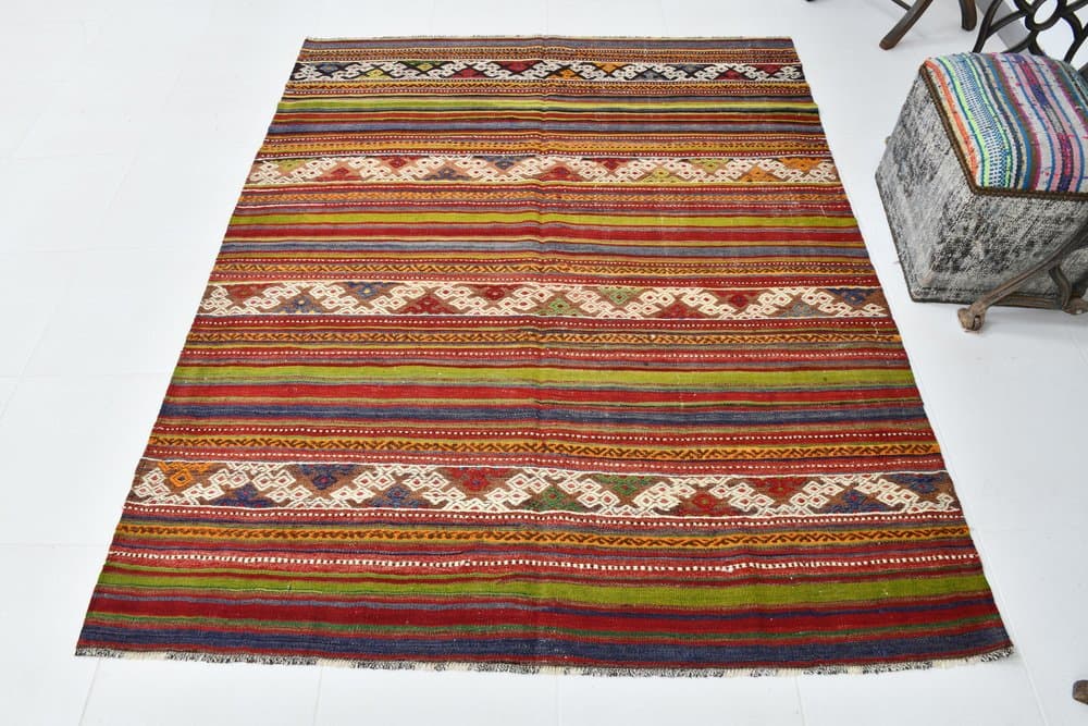 Kilim 200x163 cm, oliwkowy, czerwony, wełna, lata 70. - 219828