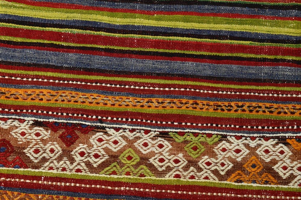 Kilim 200x163 cm, oliwkowy, czerwony, wełna, lata 70. - 219836