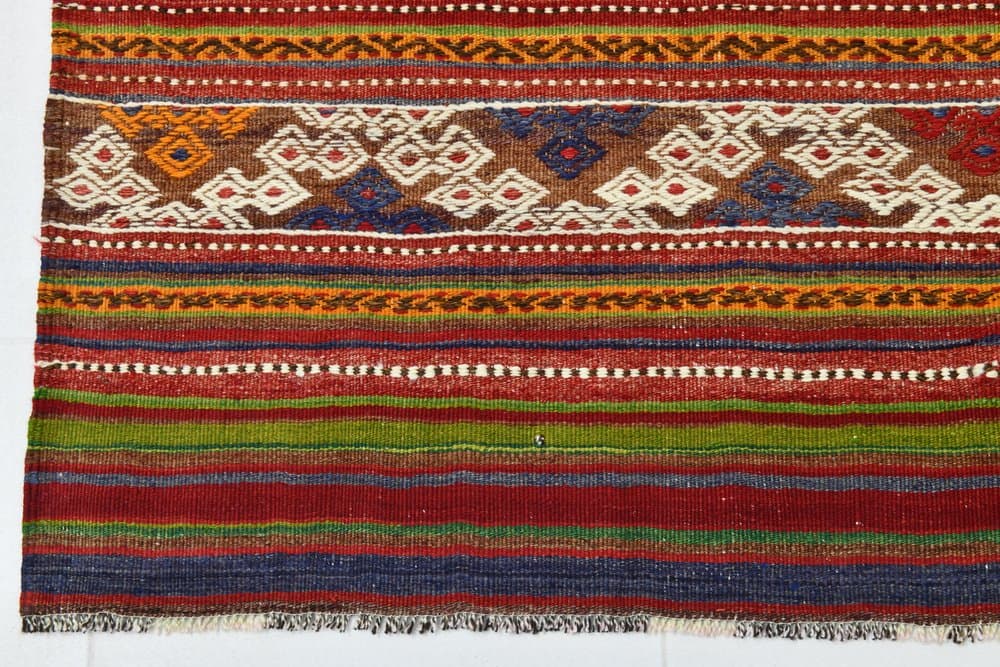 Kilim 200x163 cm, oliwkowy, czerwony, wełna, lata 70. - 219833
