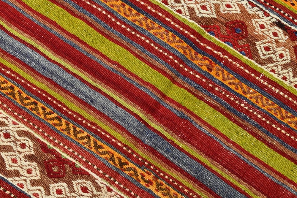 Kilim 200x163 cm, oliwkowy, czerwony, wełna, lata 70. - 219832