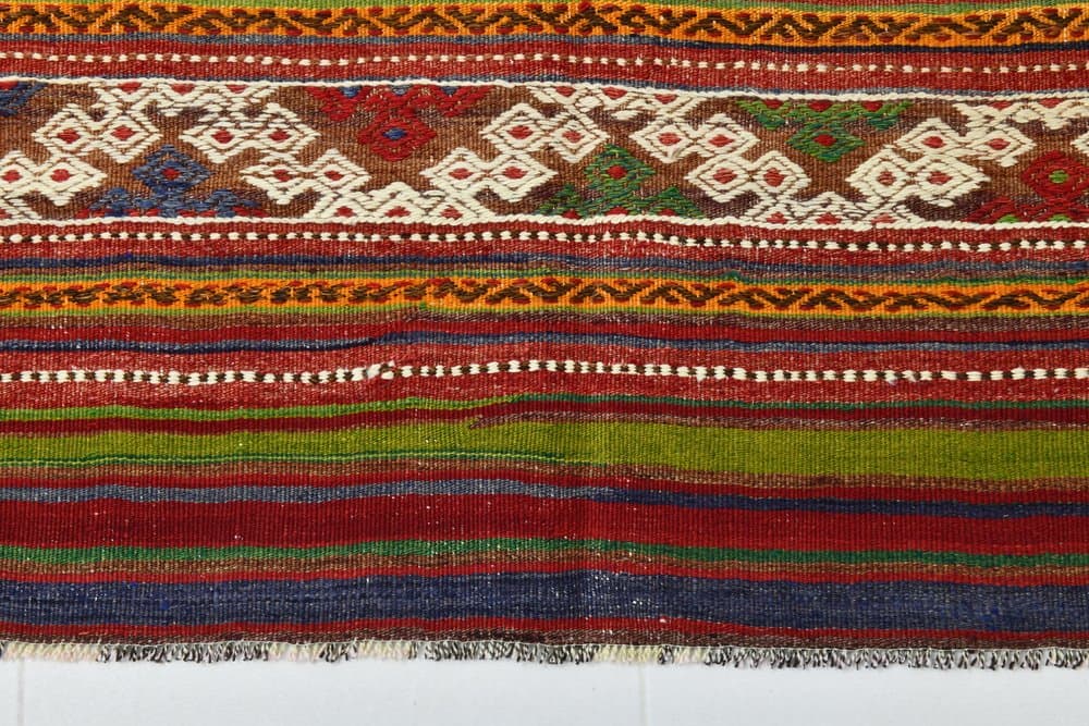 Kilim 200x163 cm, oliwkowy, czerwony, wełna, lata 70. - 219834