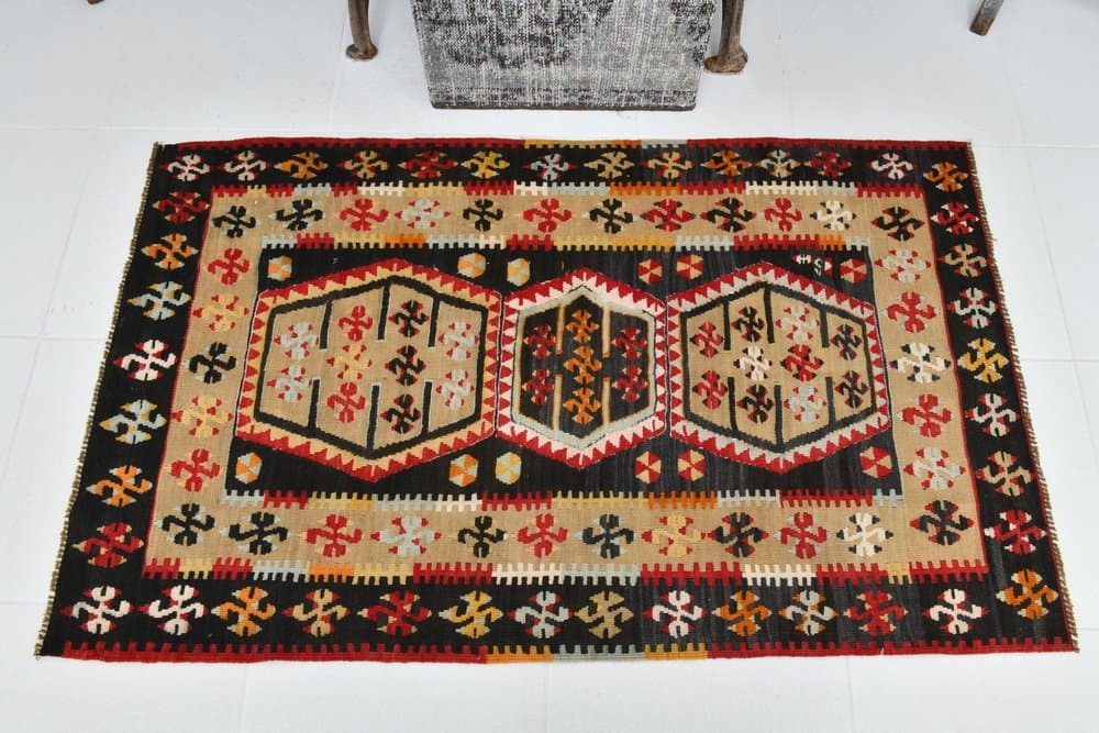 Kilim 140x86 cm, czerwony, beżowy, wełna, lata 70. - 219816