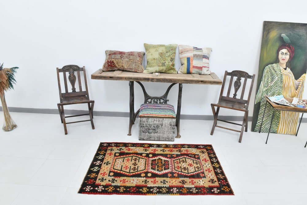 Kilim 140x86 cm, czerwony, beżowy, wełna, lata 70. - 219822