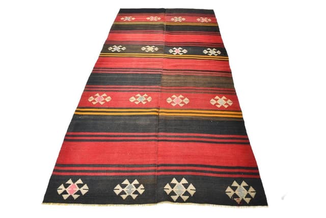 Kilim 177x136 cm, czerwony, czarny, wełna, Turcja, lata 70. - WYMIARY