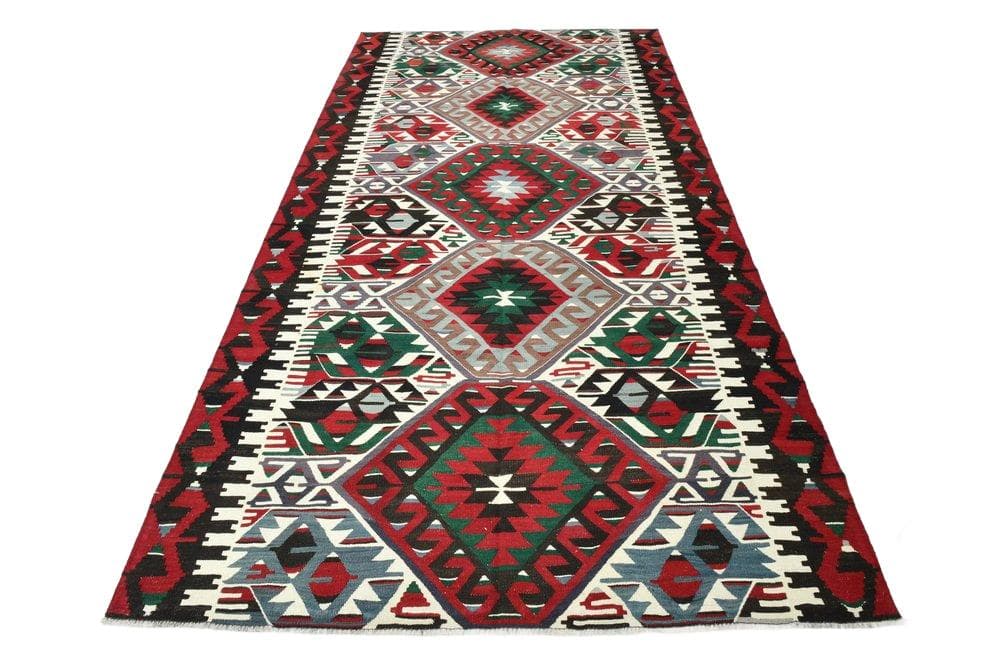Kilim 162x320 cm, czerwony, zielony, wełna, lata 70.