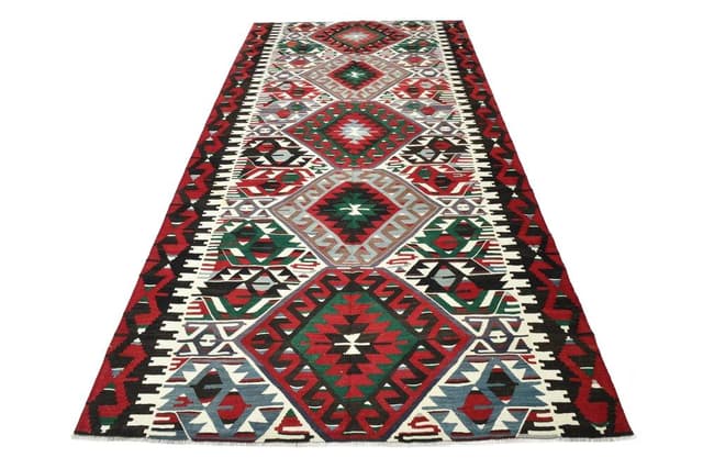 Kilim 162x320 cm, czerwony, zielony, wełna, lata 70. - WYMIARY