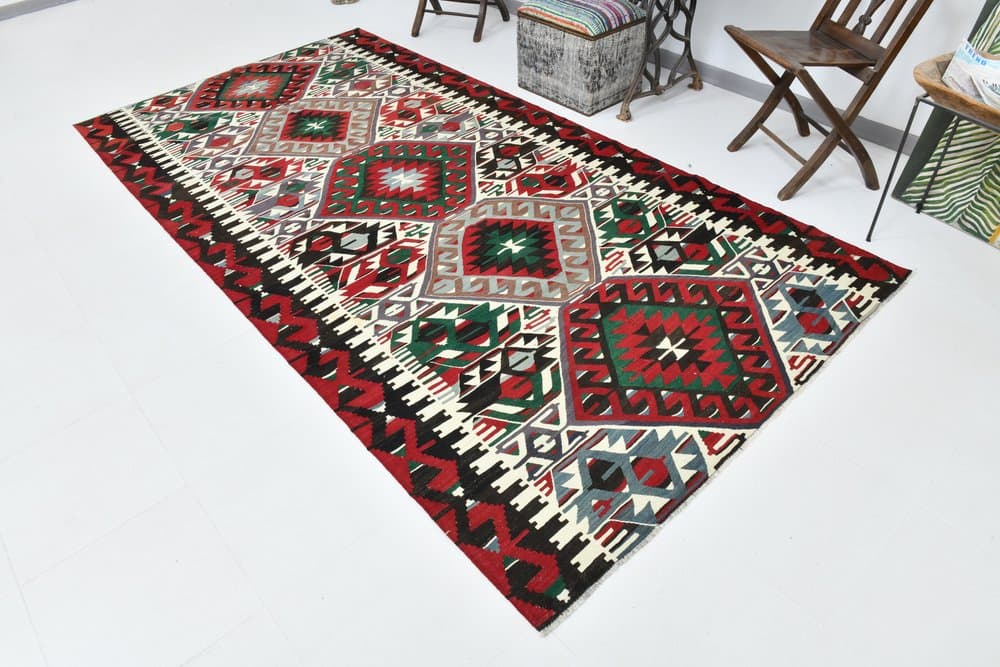 Kilim 162x320 cm, czerwony, zielony, wełna, lata 70. - 219773