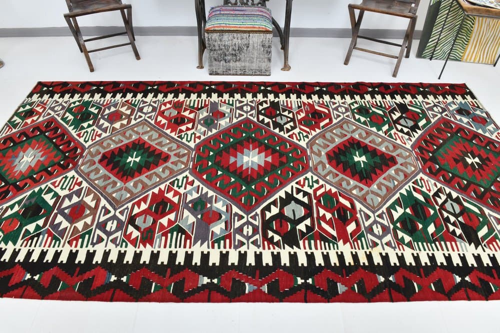 Kilim 162x320 cm, czerwony, zielony, wełna, lata 70. - 219777