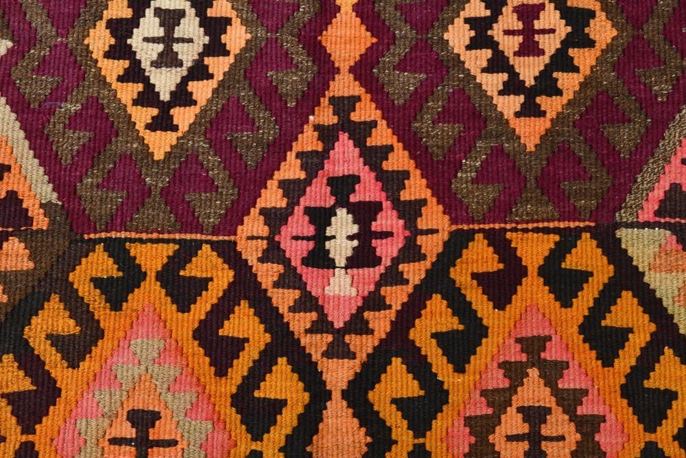 Kilim 140x354 cm, pomarańczowy, zielony, wełna, lata 70. - 219715