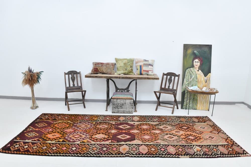 Kilim 140x354 cm, pomarańczowy, zielony, wełna, lata 70. - 219713