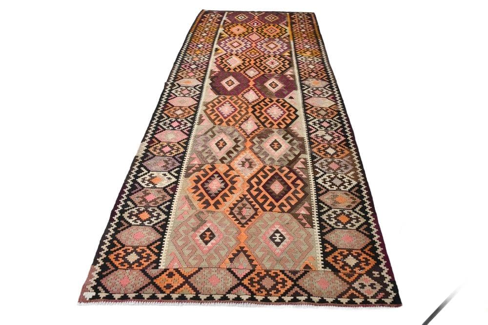 Kilim 140x354 cm, pomarańczowy, zielony, wełna, lata 70.