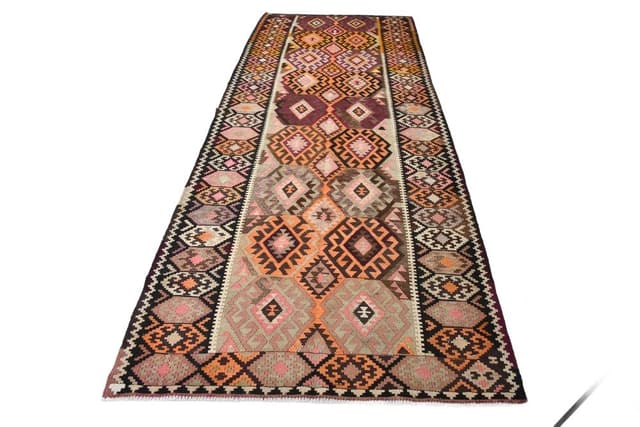 Kilim 140x354 cm, pomarańczowy, zielony, wełna, lata 70. - WYMIARY