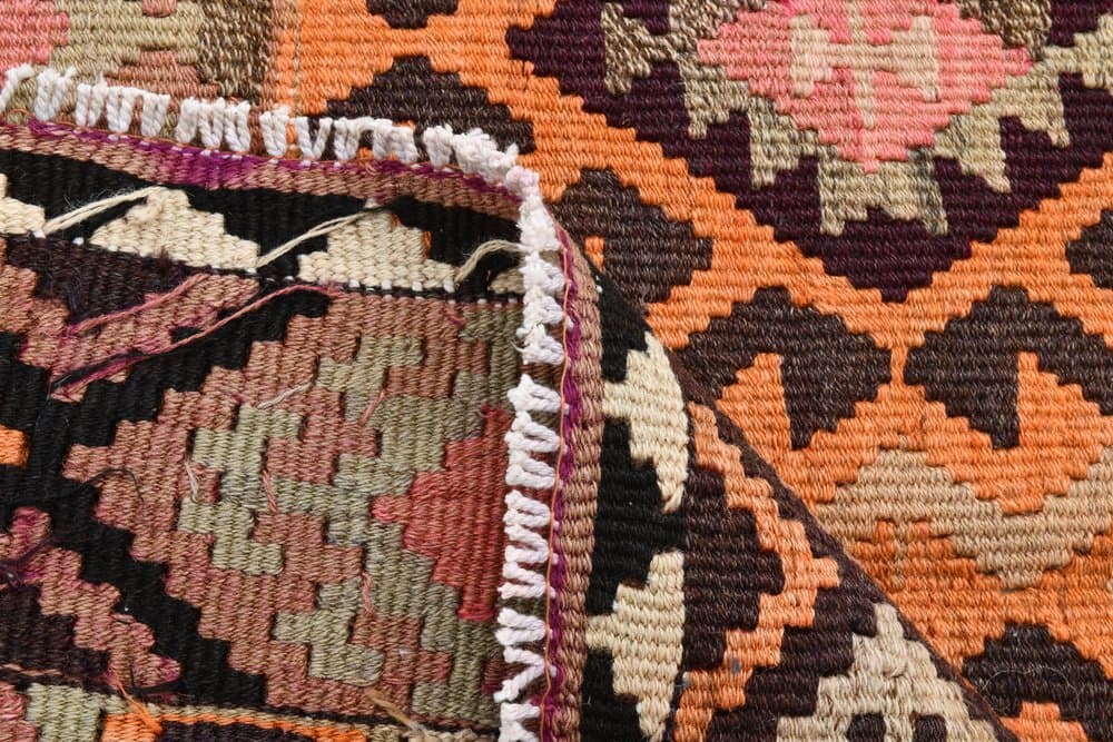 Kilim 140x354 cm, pomarańczowy, zielony, wełna, lata 70. - 219709