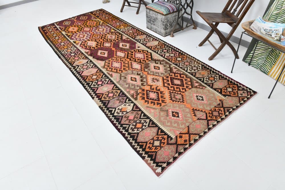 Kilim 140x354 cm, pomarańczowy, zielony, wełna, lata 70. - 219708