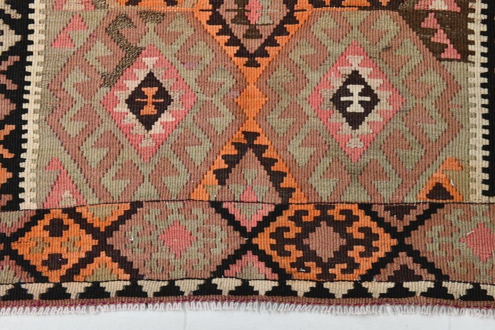 Kilim 140x354 cm, pomarańczowy, zielony, wełna, lata 70. - 219717