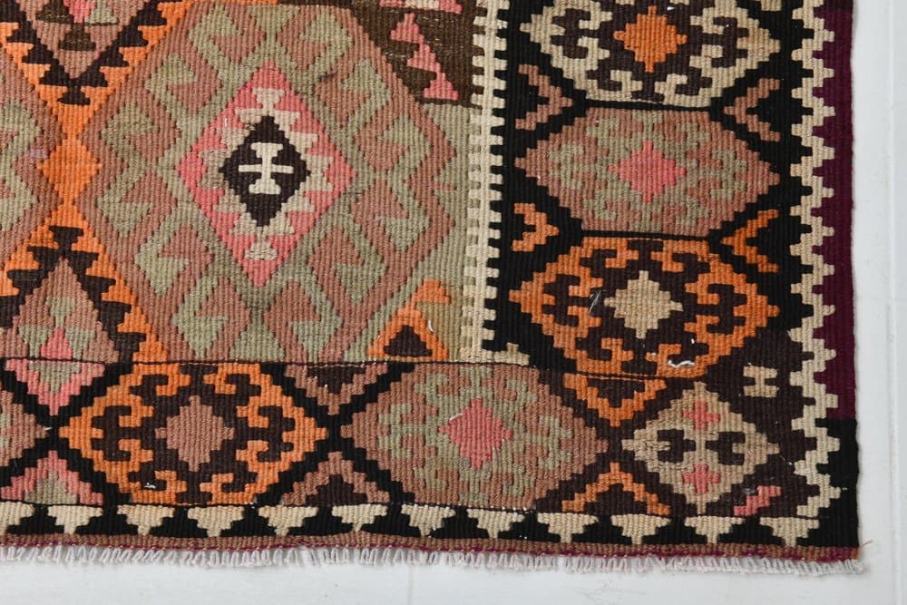 Kilim 140x354 cm, pomarańczowy, zielony, wełna, lata 70. - 219718