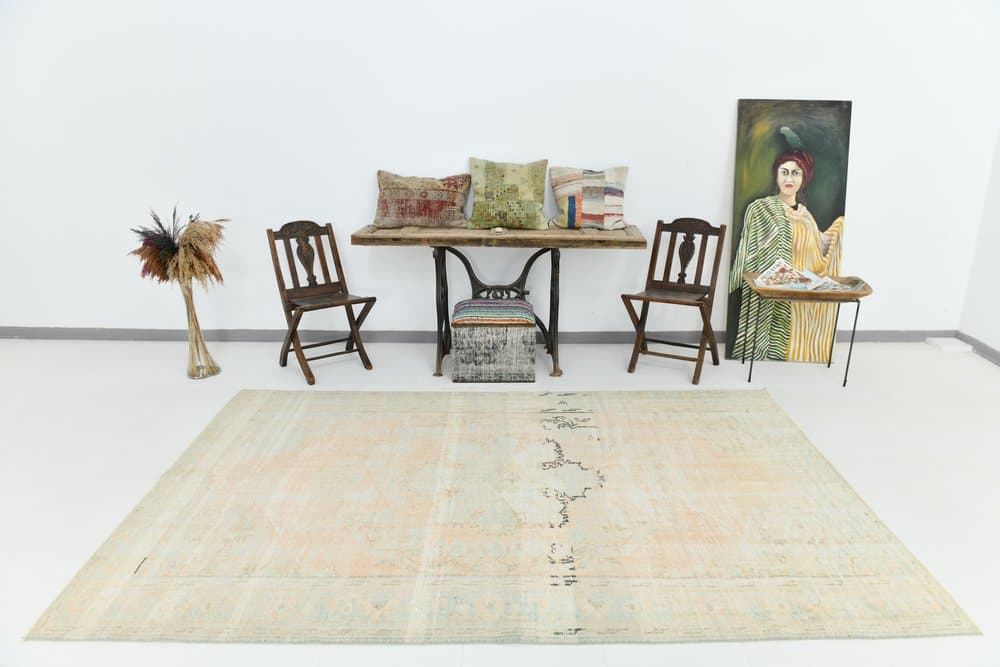 Rug 183x285 cm, peach, blue, wool, 1970s - 220201