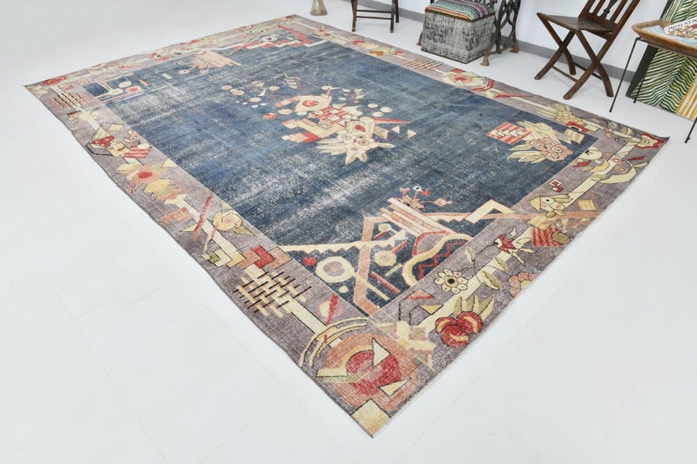 Rug 374x265 cm, beige, blue, wool, 1960s - 220167