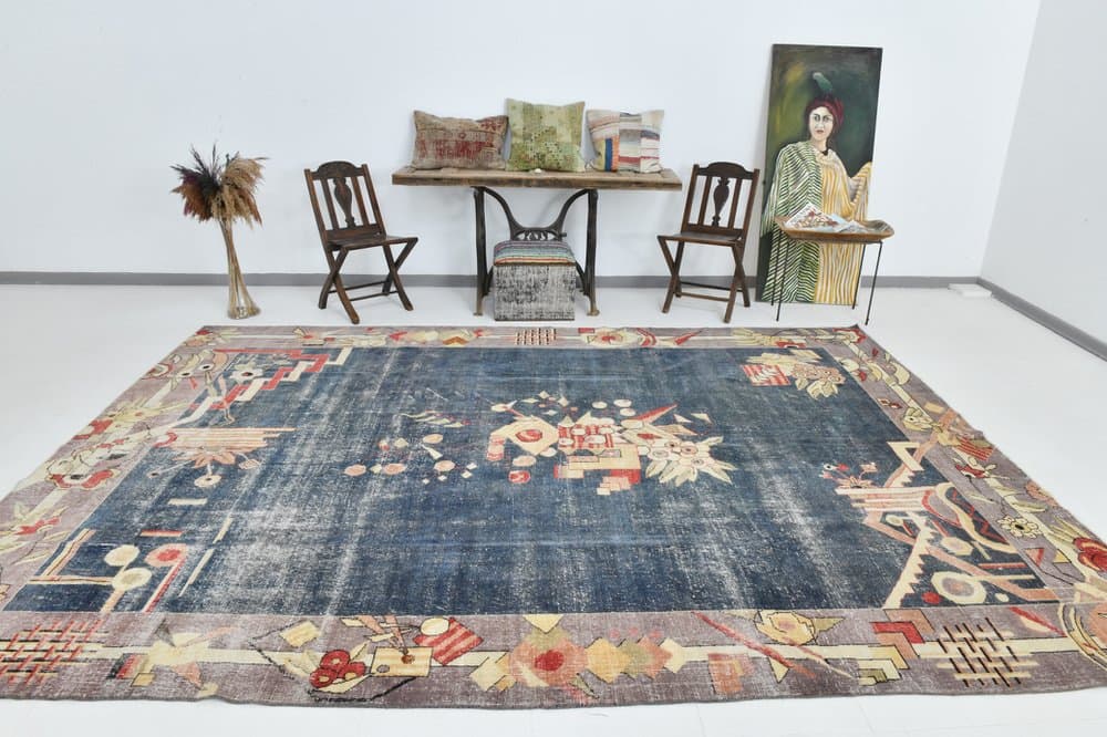 Rug 374x265 cm, beige, blue, wool, 1960s - 220170