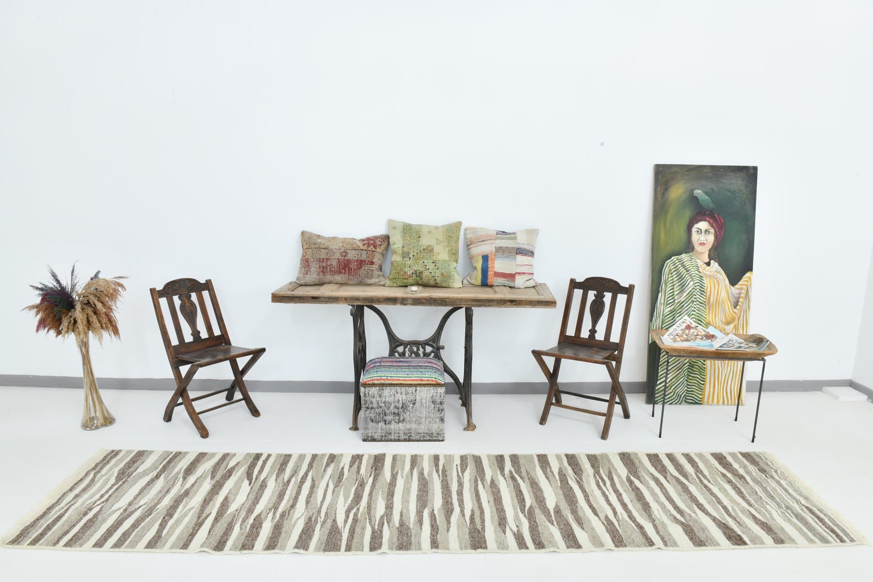 Chodnik kilim 84x357 cm, beżowy, wełna, lata 70. - 220131