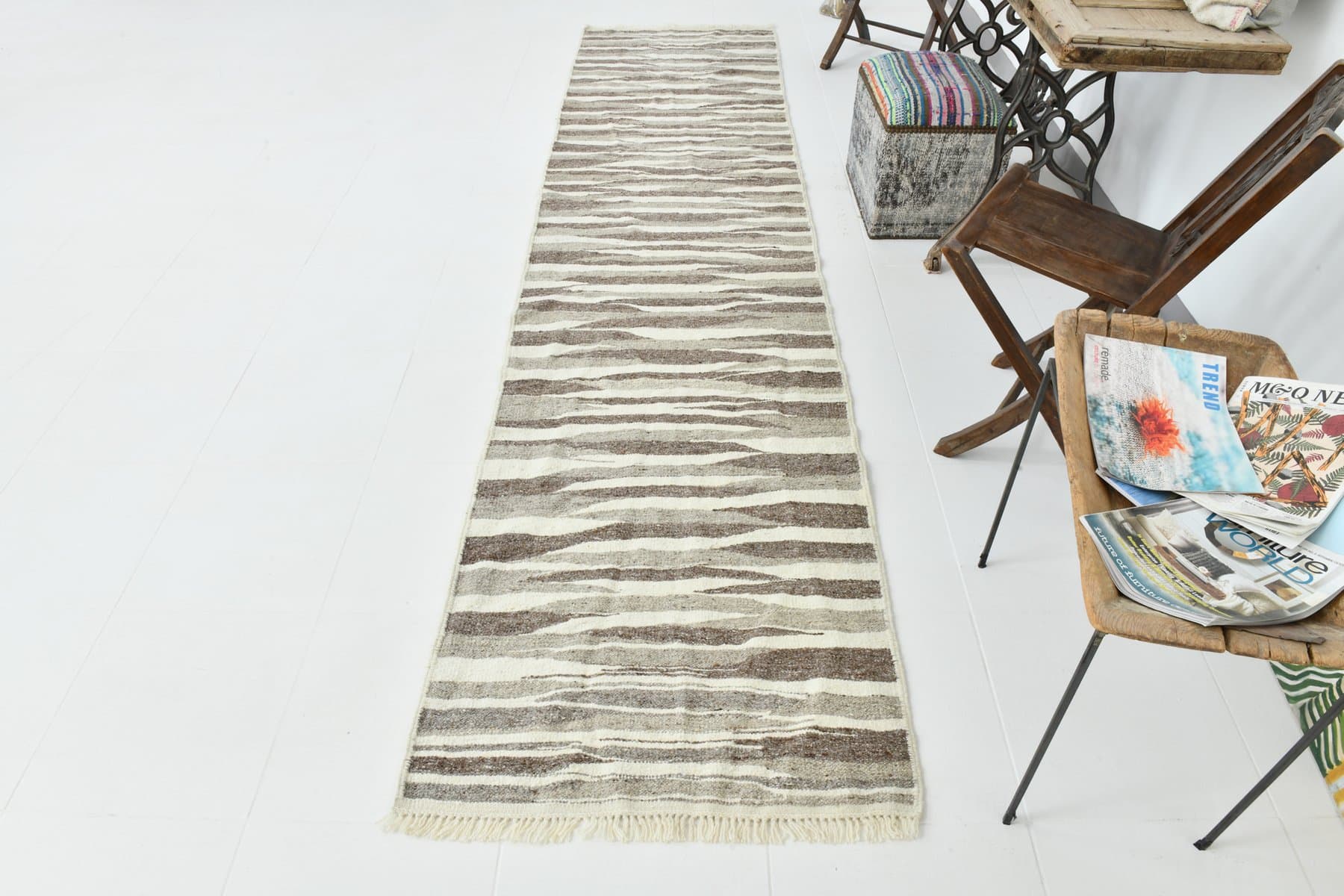 Chodnik kilim 84x357 cm, beżowy, wełna, lata 70. - 220128