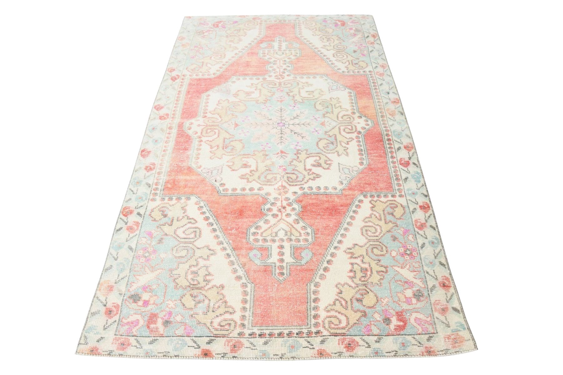 Dywan 228x134 cm, różowy, niebieski, wełna, Turcja, lata 70.