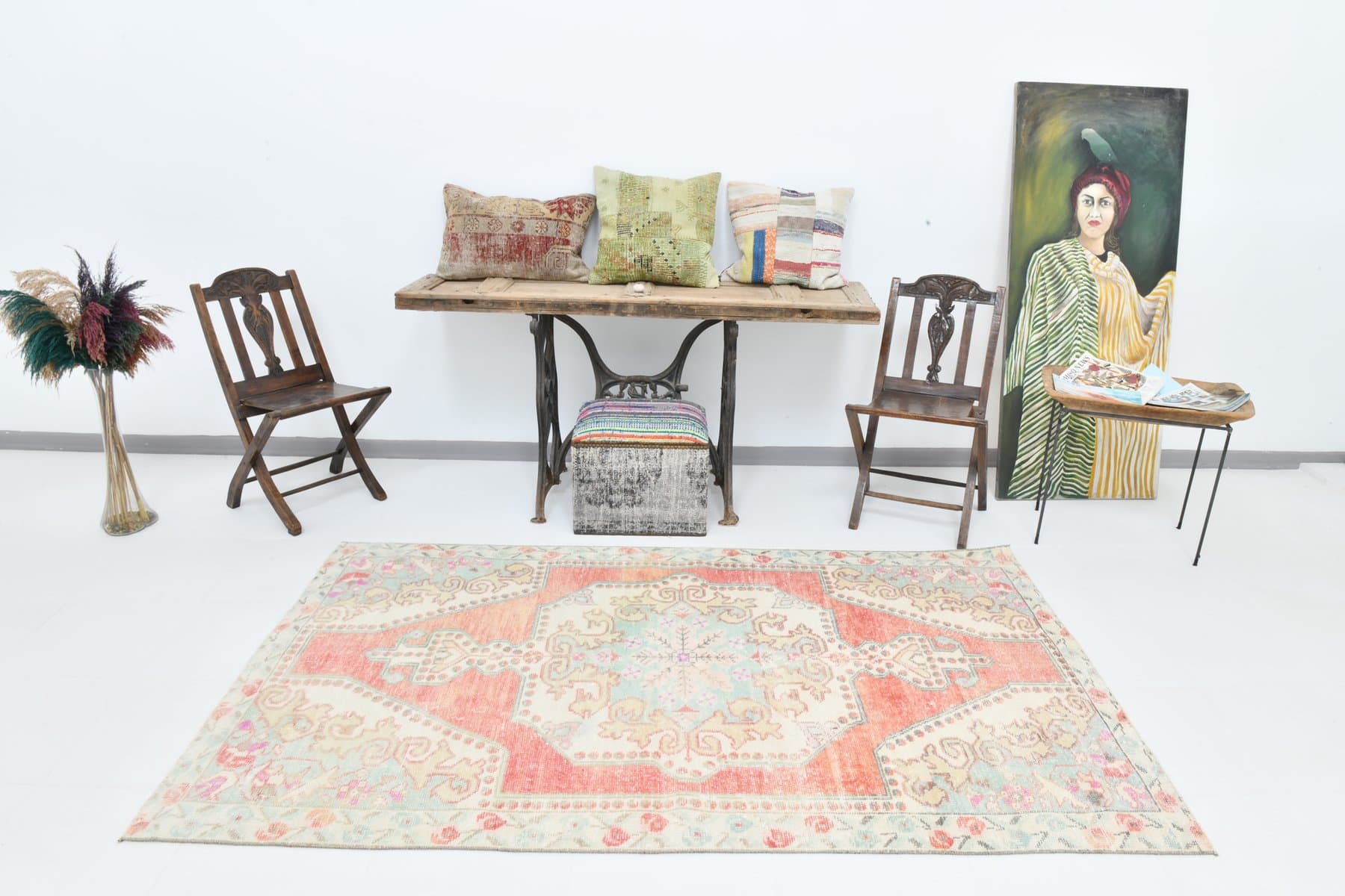 Dywan 228x134 cm, różowy, niebieski, wełna, Turcja, lata 70. - 220119