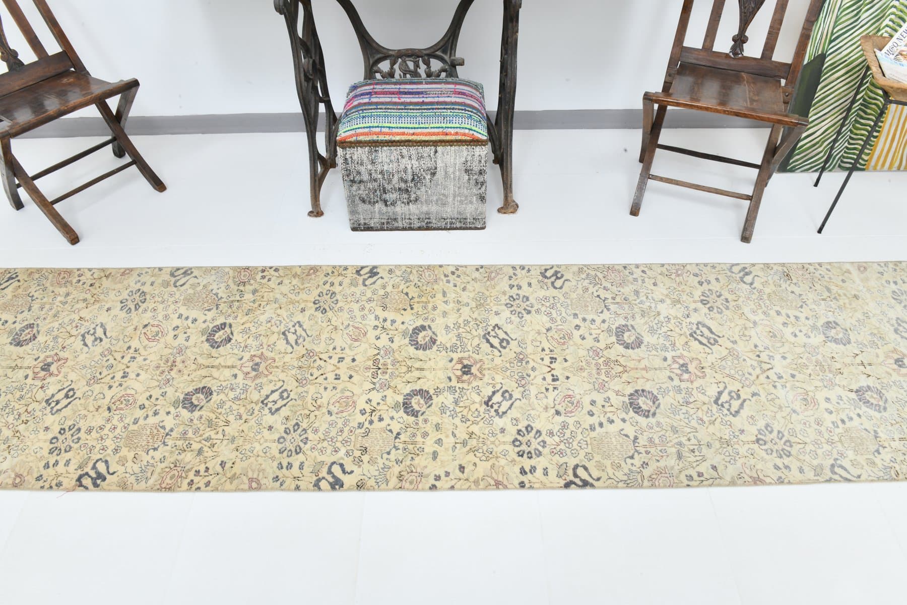 Runner 79x321 cm, beige, blue, wool, 1970s - 220103