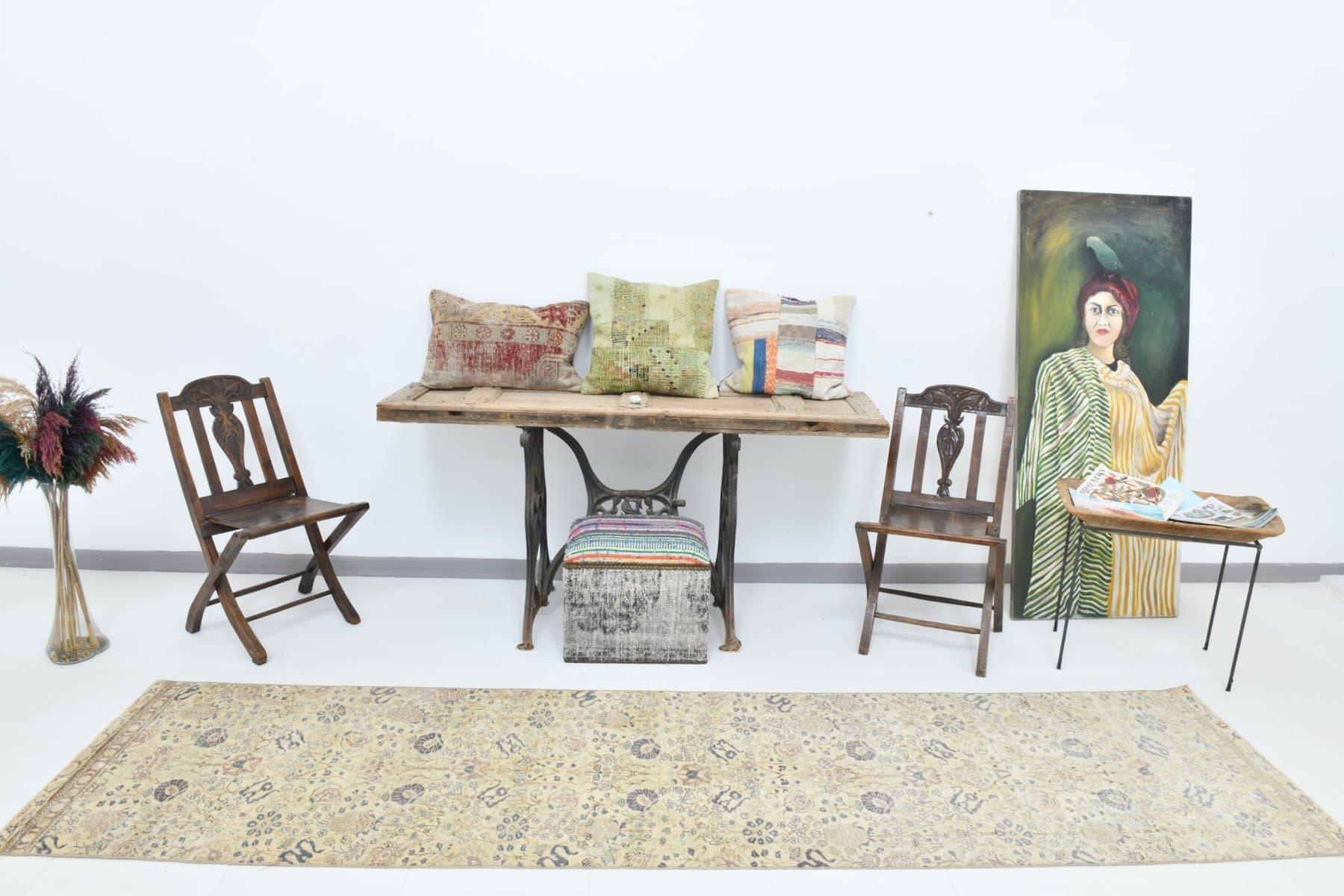 Runner 79x321 cm, beige, blue, wool, 1970s - 220105