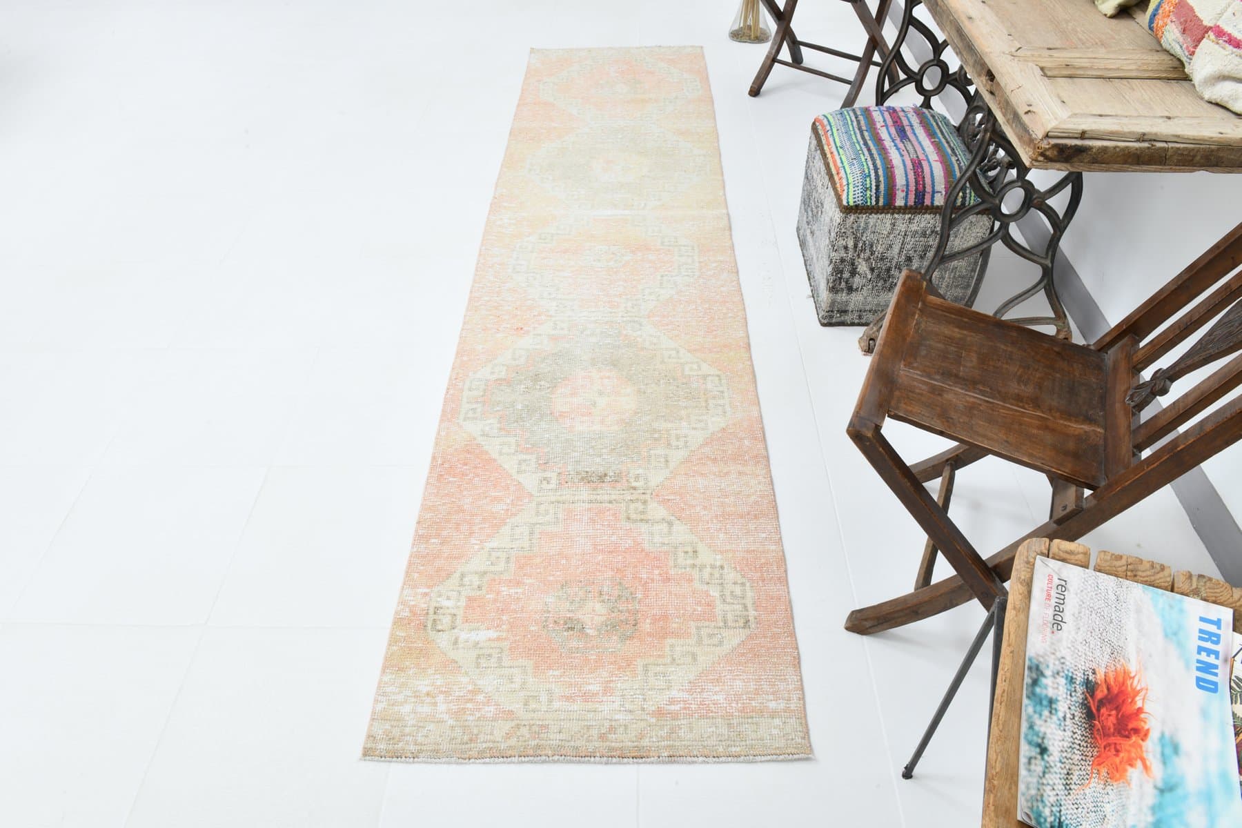 Chodnik 304x73 cm, beżowy, różowy, wełna, lata 70. - 220089