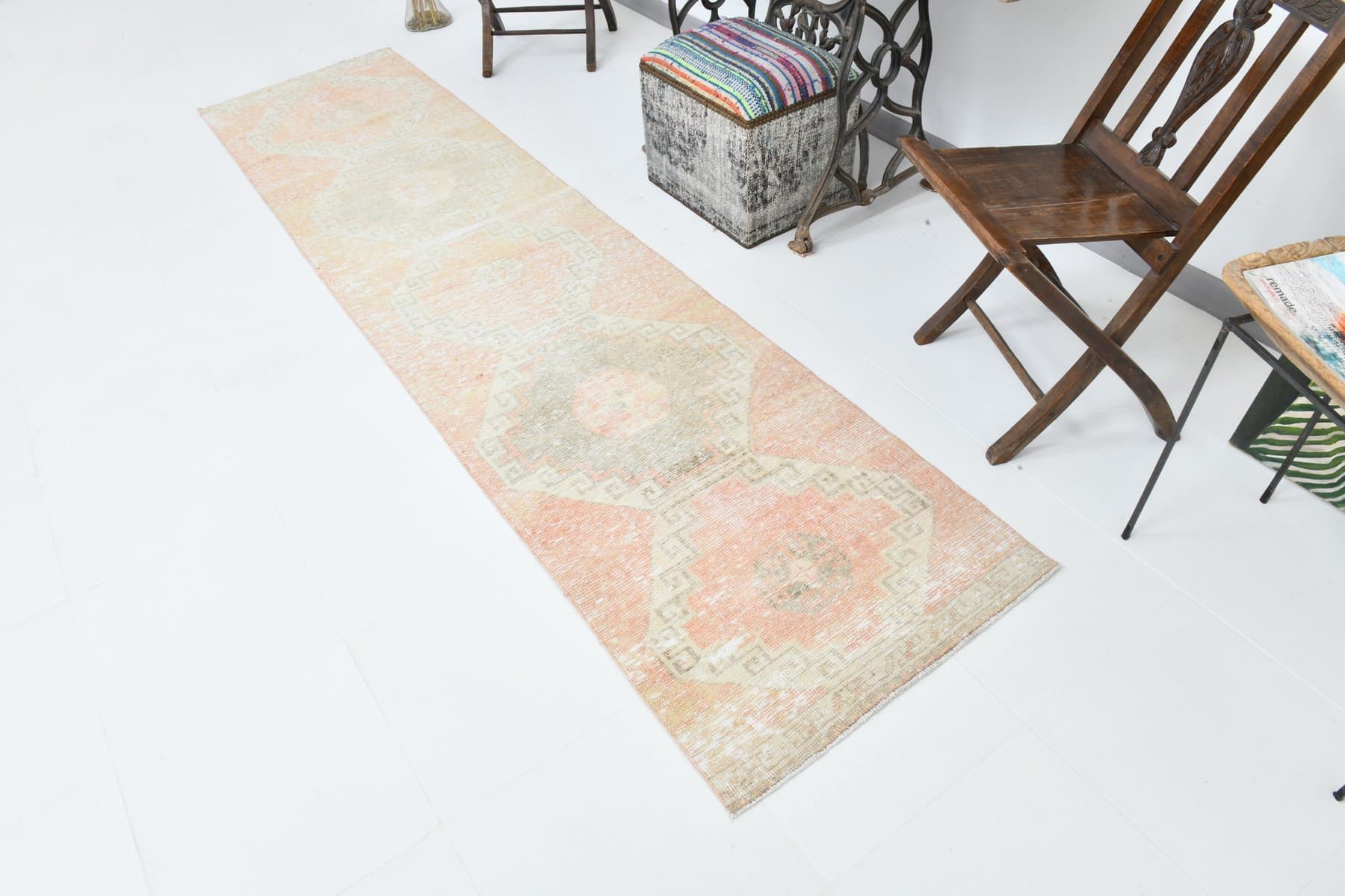 Chodnik 304x73 cm, beżowy, różowy, wełna, lata 70. - 220086