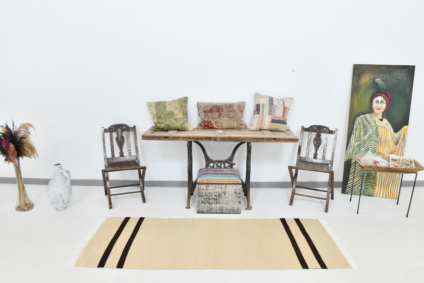 Chodnik 76x217 cm, beżowy, konopie, lata 90. - 220068