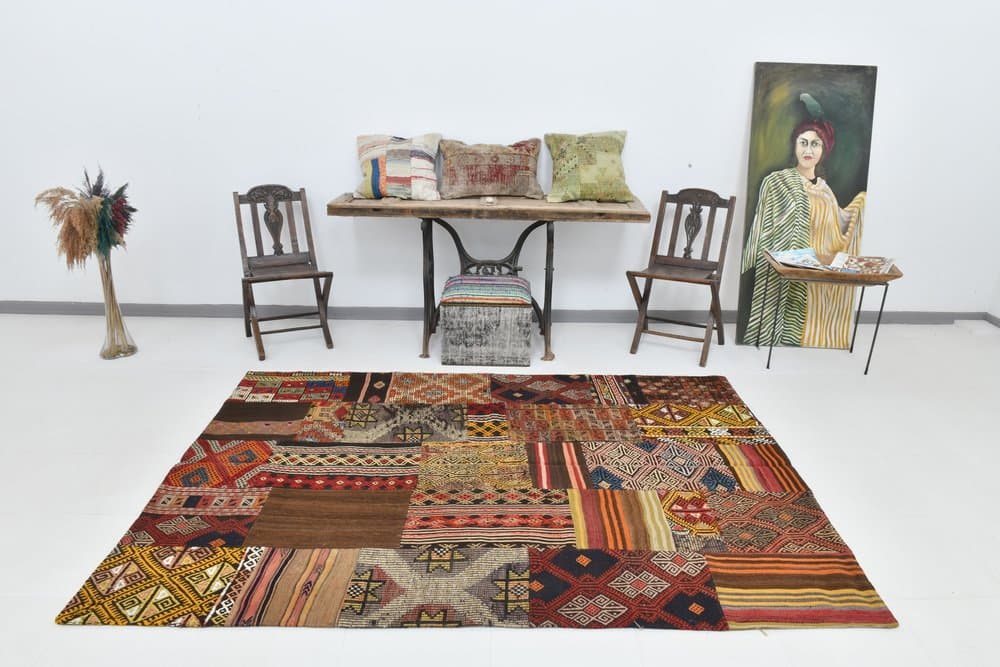 Dywan 167x241 cm, brązowy, czerwony, wełna, lata 70. - 220055