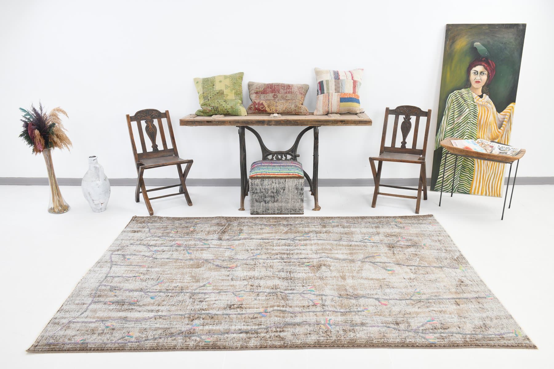 Rug 163x259 cm, grey, beige, wool, 1970s - 220016