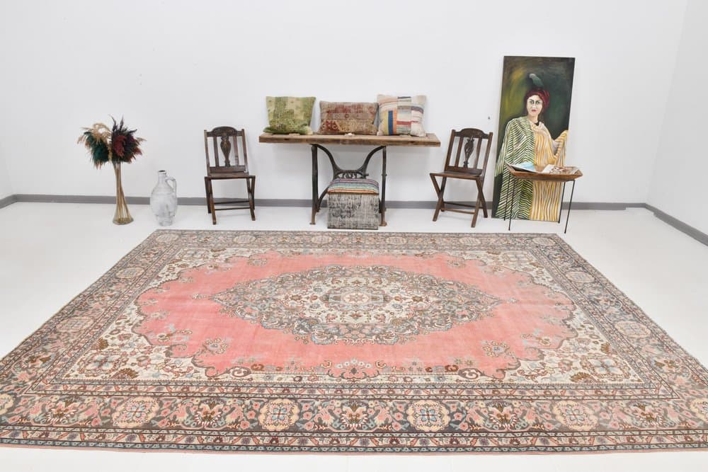 Rug 366x260 cm, pink, grey, wool, 1970s - 219993