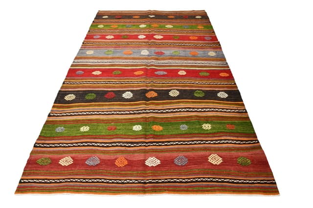 Kilim 171x289 cm, czerwony, zielony, wełna, Turcja, lata 60. - WYMIARY