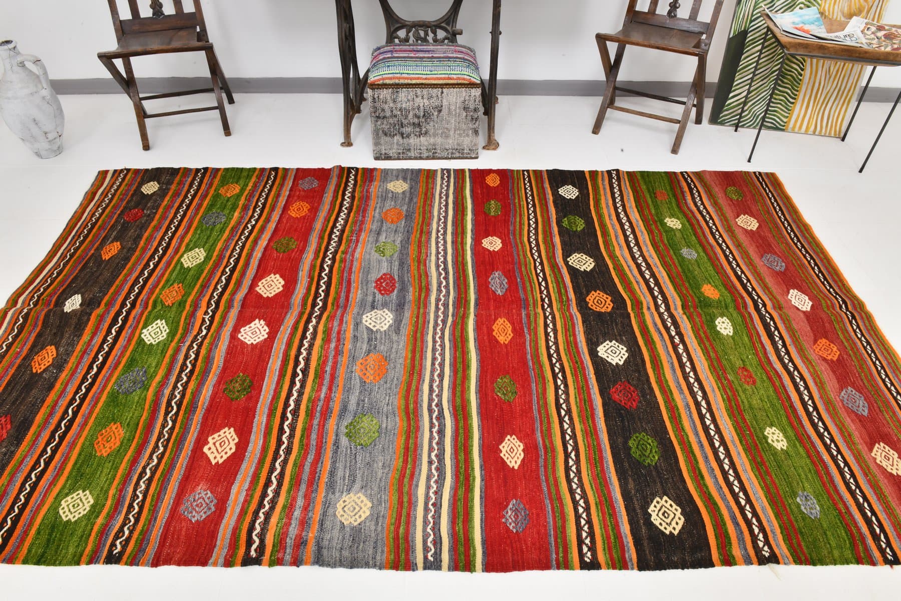 Kilim 171x289 cm, czerwony, zielony, wełna, Turcja, lata 60. - 220520