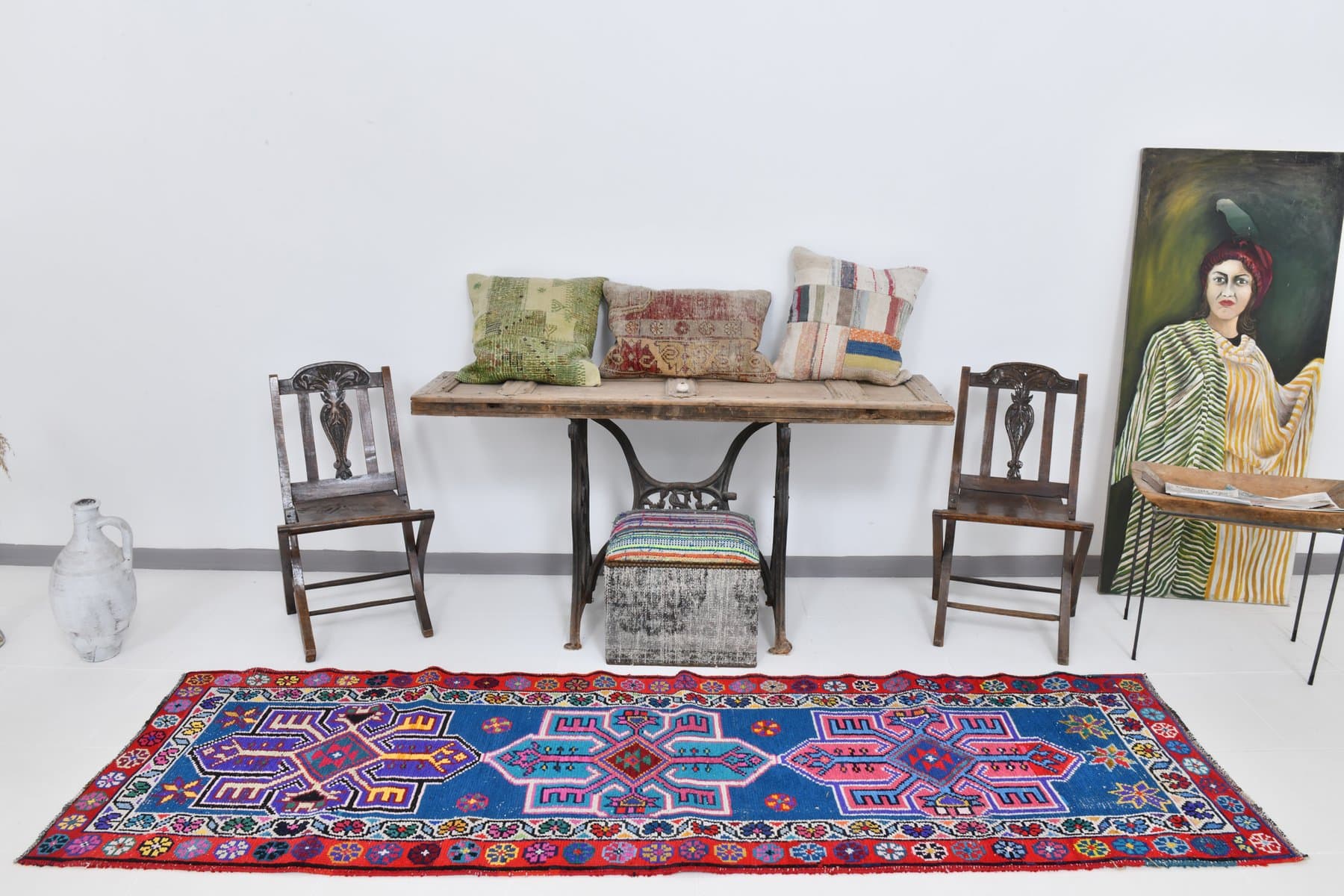 Runner Rug 285x84 cm, blue, turquoise, wool, Turkey, 1960s - 220468