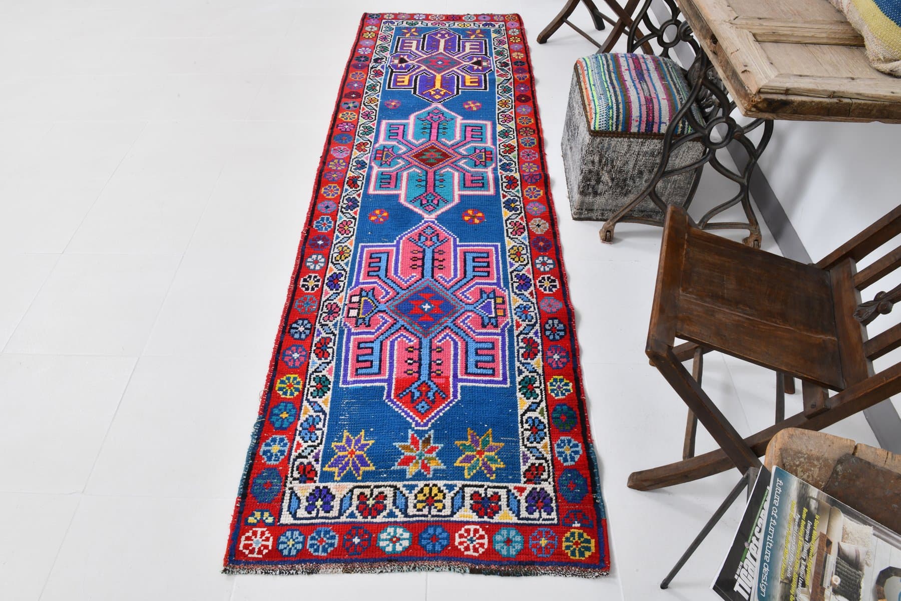Runner Rug 285x84 cm, blue, turquoise, wool, Turkey, 1960s - 220469