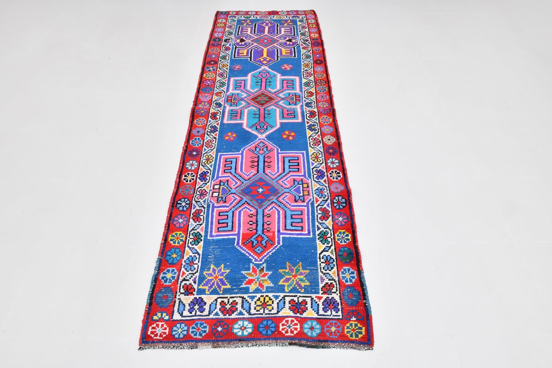 Runner Rug 285x84 cm, blue, turquoise, wool, Turkey, 1960s - 220465