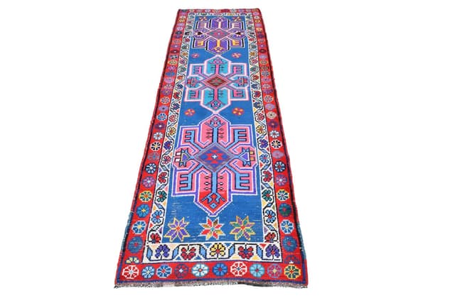 Runner Rug 285x84 cm, blue, turquoise, wool, Turkey, 1960s - DIMENSION