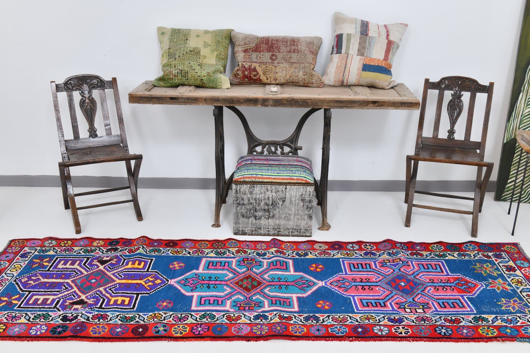 Runner Rug 285x84 cm, blue, turquoise, wool, Turkey, 1960s - 220467