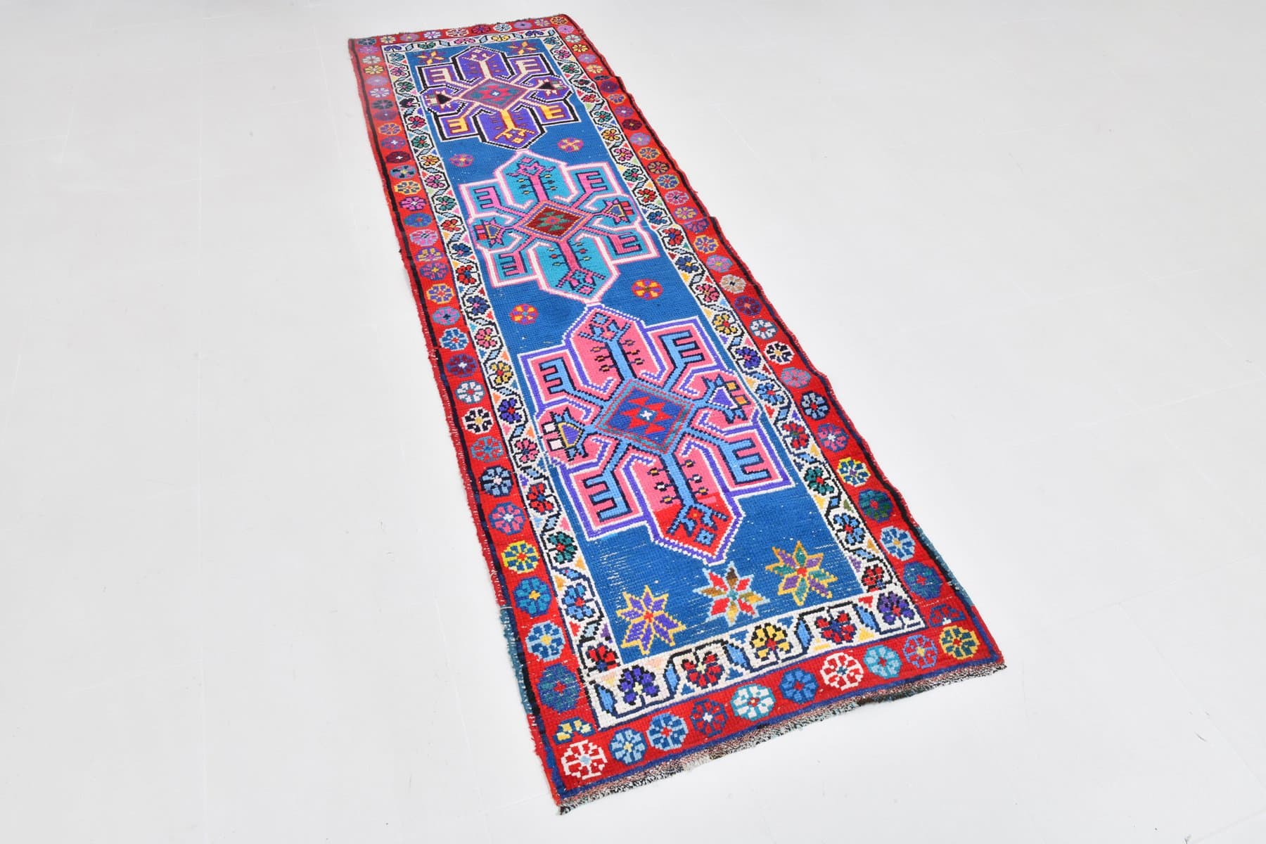 Runner Rug 285x84 cm, blue, turquoise, wool, Turkey, 1960s - 220462