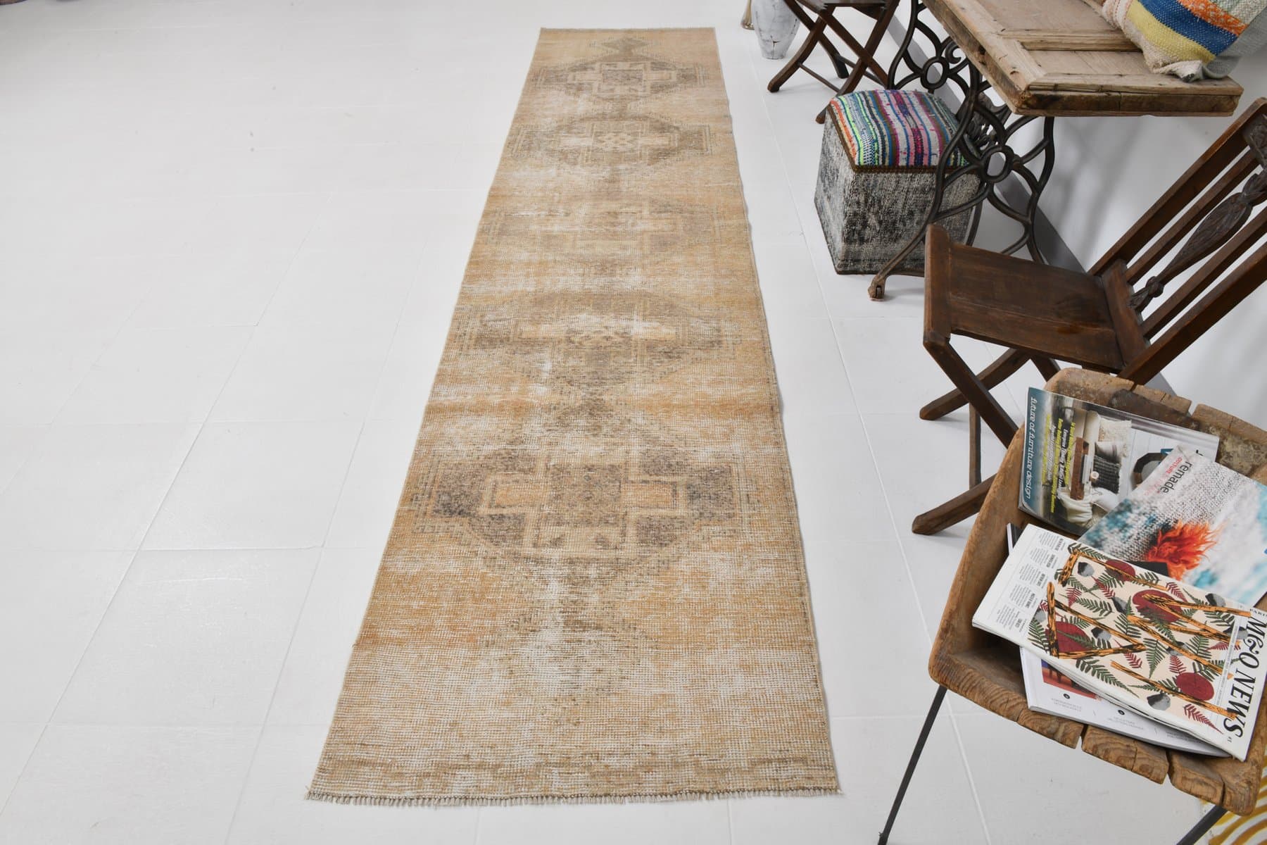 Chodnik 390x88 cm, beżowy, wełna, Turcja, lata 60. - 220453