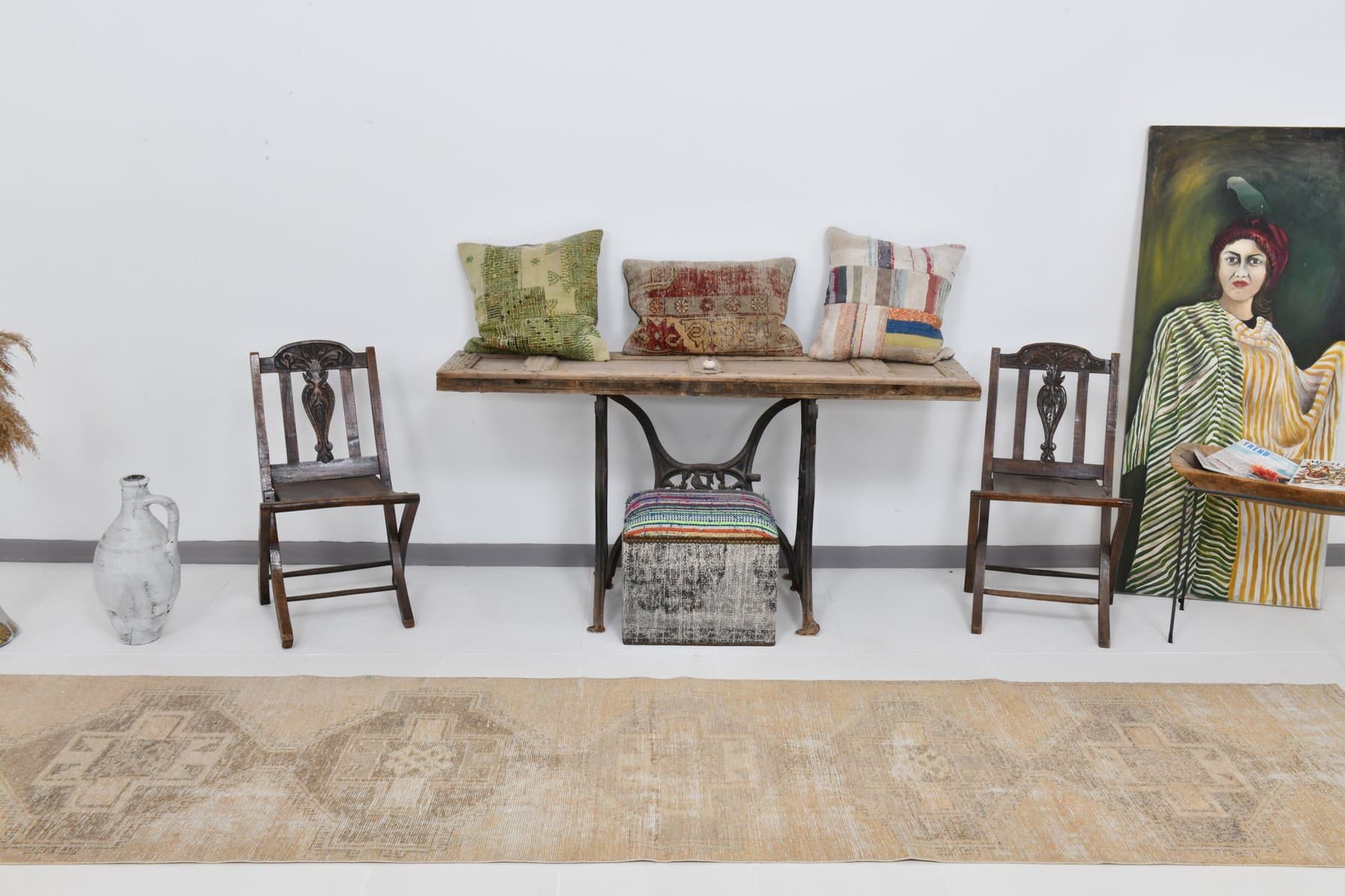 Chodnik 390x88 cm, beżowy, wełna, Turcja, lata 60. - 220456