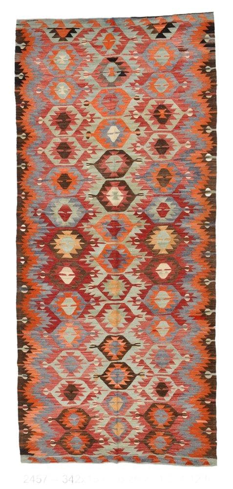 Kilim 342x152 cm, beżowy, wełna, Turcja, lata 60.